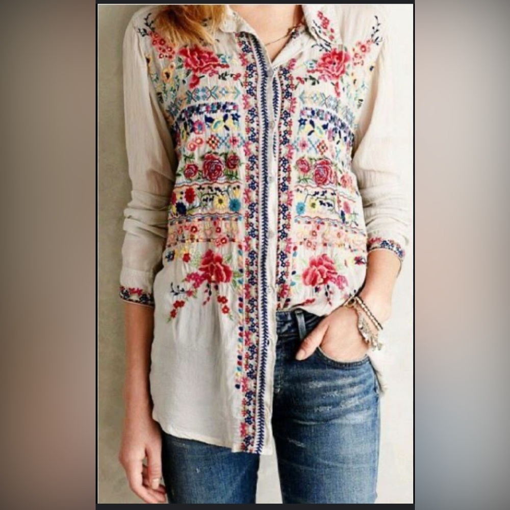 Embroidered Floral Boho Button-Front Blouse - Cream